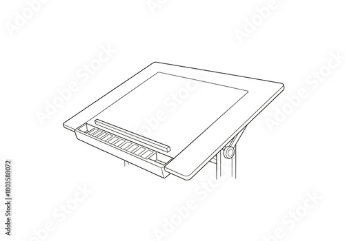 Line drawing of an angled drafting table with a small ledge and drawing tool storage