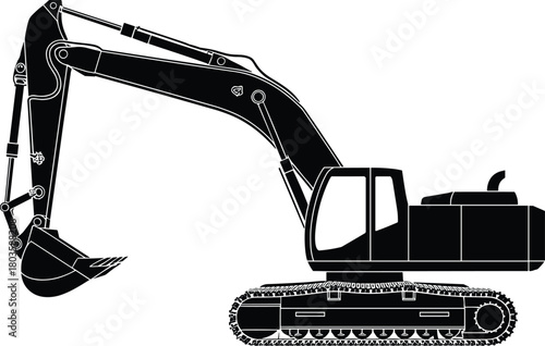 Silhouette of heavy construction excavator machine on white background, industrial equipment design, engineering machinery illustration for building, mining and excavation projects