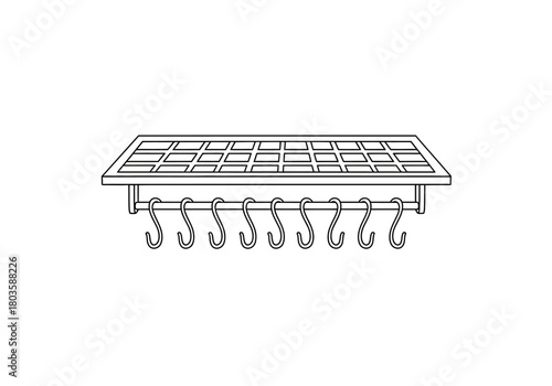 Outline drawing of a wallmounted kitchen pot rack with grid shelf and Shooks