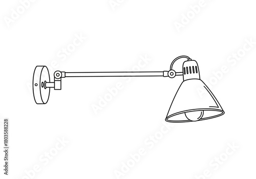 Outline drawing of an adjustable articulated arm wall lamp with a conical shade