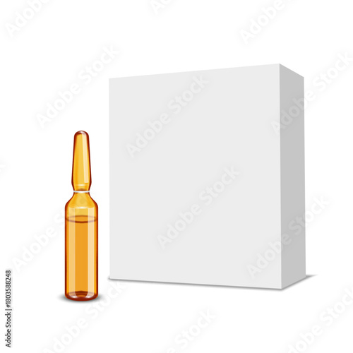 Realistic amber medical glass ampoule next to white blank cardboard box isolated on white, 3d vector cosmetic serum mockup or vaccine, liquid drug, vitamin packaging template.