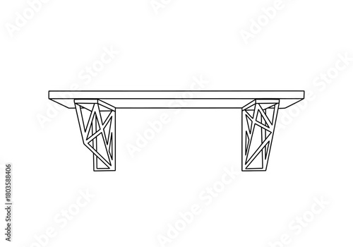 Black and white line drawing of a bridge span with intricate open truss supports