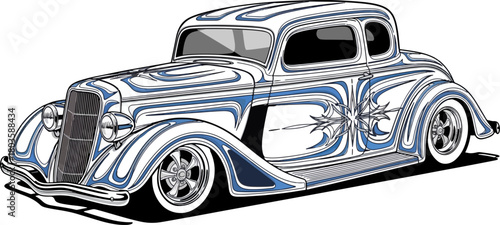 Classic car illustration with swirl design and detailed chrome wheels