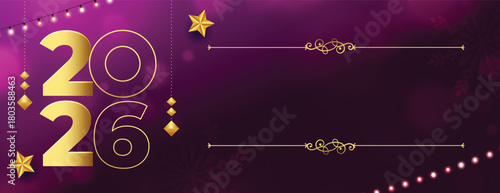 Art & Illustration of '2026' in bold gold text with gold star and decors on purple background