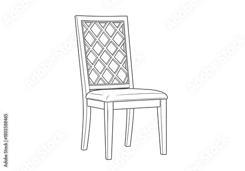 Black and white line drawing of a dining chair with a lattice back