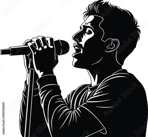 Illustration of male singer performing with microphone on stage, expressive vocal performance silhouette artwork for music concept