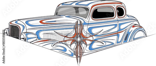Classic car illustration with swirl design isolated on black background
