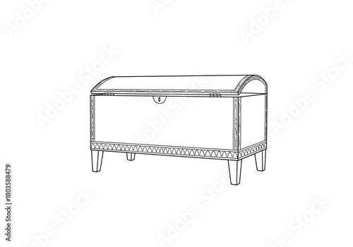 Black and white line drawing of a domedtop wooden storage chest on legs