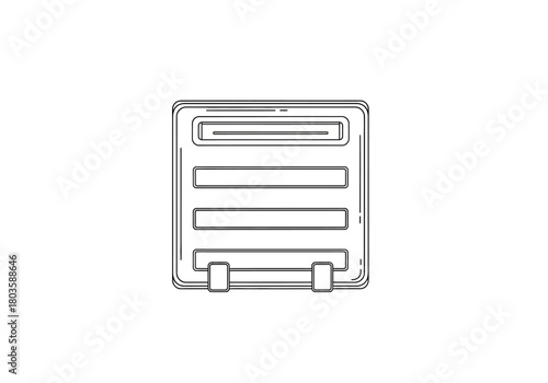 Black and white line drawing of a rectangular object with horizontal slots and bottom clasps