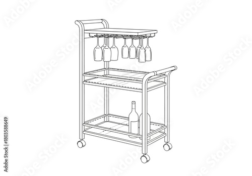 Black and white line drawing of a multitiered rolling serving cart with stemware rack