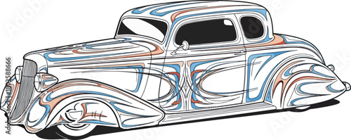 Classic car illustration with swirl patterns design