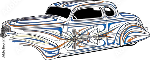 Classic car illustration with swirling blue and silver design