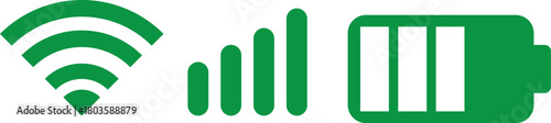 wifi, Signal strength and battery icon. Battery, WiFi, and mobile network icon vector. connectivity improvements and power status rising symbol. Collection of icons representing battery level, signal 