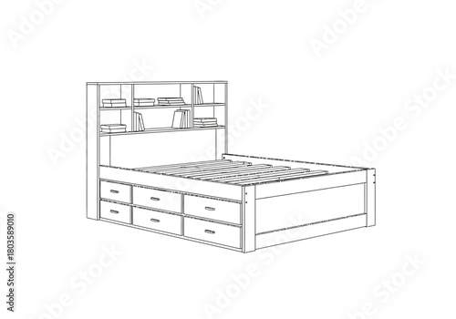 Black and white line drawing of a wooden storage captain bed with a bookcase headboard