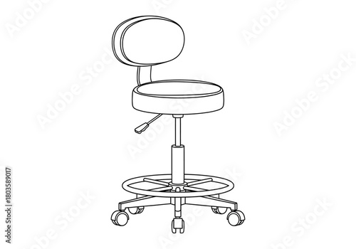 Black and white line drawing of an adjustable drafting or task stool with a backrest