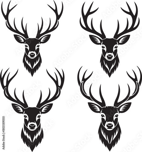 Stylized Deer Silhouettes with Antlers – Vector Set of Wildlife Icons 