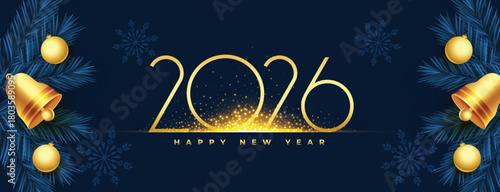 Art & Illustration of '2026' greeting with golden shiny effect written in bold gold text on navy blue background