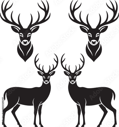 Stylized Deer Silhouettes with Antlers – Vector Set of Wildlife Icons 