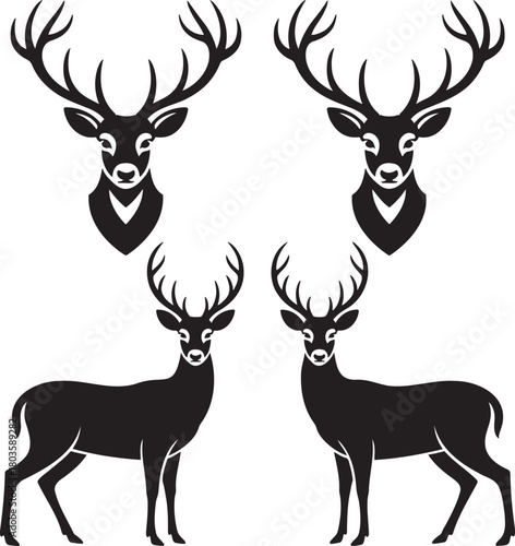 Stylized Deer Silhouettes with Antlers – Vector Set of Wildlife Icons 