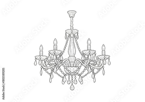 Black and white line drawing of an ornate fivelight crystal chandelier