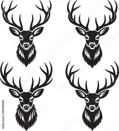 Stylized Deer Silhouettes with Antlers – Vector Set of Wildlife Icons 