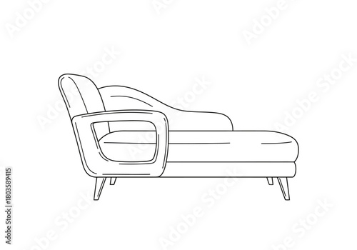 Line drawing of a contemporary leftfacing chaise lounge with distinct armrest