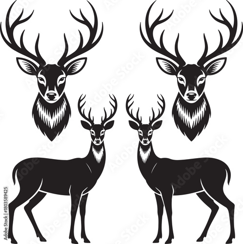 Stylized Deer Silhouettes with Antlers – Vector Set of Wildlife Icons 