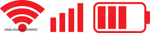 wifi, Signal strength and battery icon. Battery, WiFi, and mobile network icon vector. connectivity improvements and power status rising symbol. Collection of icons representing battery level, signal 