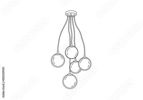Line drawing of a fivebulb multipendant light fixture with spherical shades
