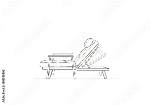 Line drawing of a reclining chaise lounge with adjustable back and head pillow