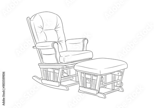 Line drawing of a padded glider rocker chair and matching ottoman