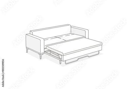 Line drawing of a sofa converting into a pullout bed