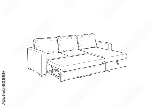 Line drawing of a sectional sofa with a pullout bed extended