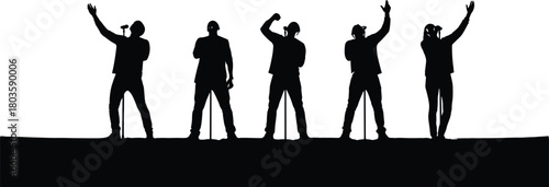 Male singer silhouettes performing energetic stage poses with microphones, dynamic concert illustration, expressive music performance artwork collection