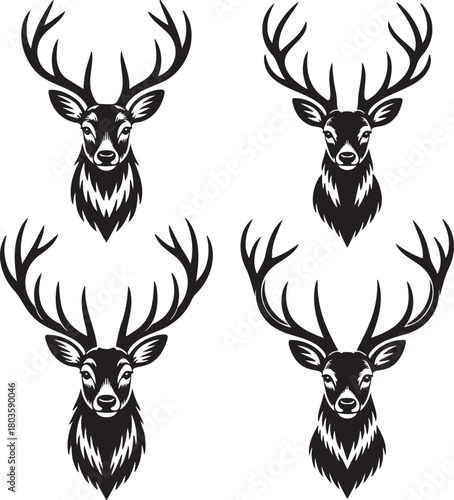 Stylized Deer Silhouettes with Antlers – Vector Set of Wildlife Icons 