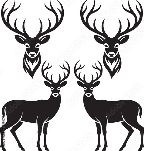 Stylized Deer Silhouettes with Antlers – Vector Set of Wildlife Icons 