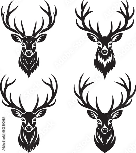 Stylized Deer Silhouettes with Antlers – Vector Set of Wildlife Icons 
