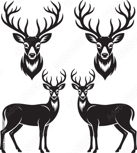 Stylized Deer Silhouettes with Antlers – Vector Set of Wildlife Icons 