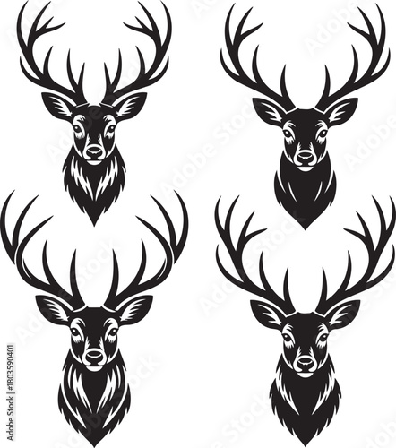 Stylized Deer Silhouettes with Antlers – Vector Set of Wildlife Icons 