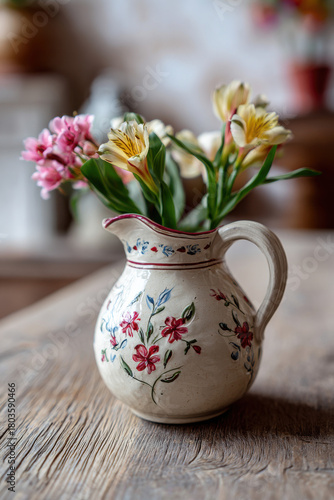 Wallpaper Mural Old ceramic jug with decorative flowers on a wooden table Torontodigital.ca