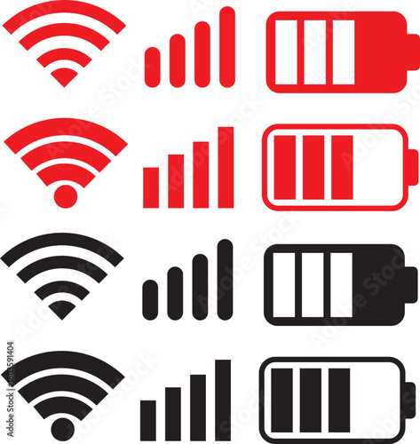 wifi, Signal strength and battery icon. Battery, WiFi, and mobile network icon vector. connectivity improvements and power status rising symbol. Collection of icons representing battery level, signal 