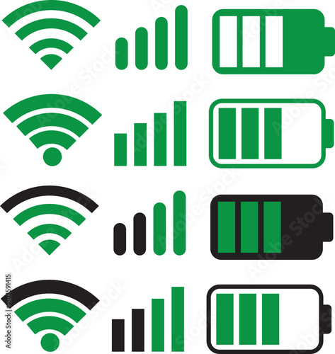 wifi, Signal strength and battery icon. Battery, WiFi, and mobile network icon vector. connectivity improvements and power status rising symbol. Collection of icons representing battery level, signal 