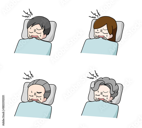 睡眠中にうなされている大人のイラスト4種類セット