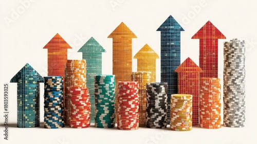 Casino chip stacks with colorful upward arrows symbolizing financial growth and profit increase in gambling and investment competition