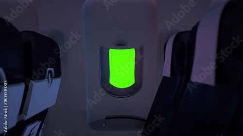 Airplane Window with Green Screen Customizable Backdrop for Vibrant Travel Scenes, Highlighting Interior Frame and Aviation Details in Well Lit Cabin with Dark Upholstered Seat and Light Colored Wall
