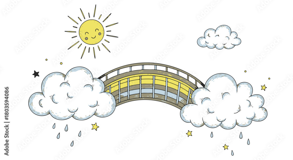 Naklejka premium Bright Hand Drawn Illustration of a Rainbow Bridge Connecting Rainy Clouds with a Happy Sun