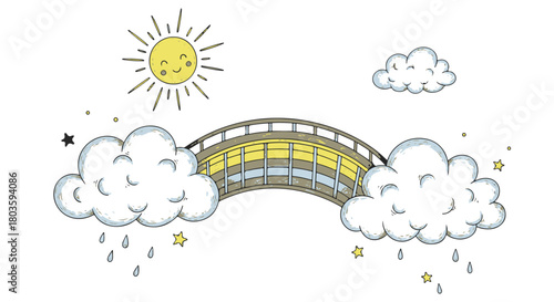 Bright Hand Drawn Illustration of a Rainbow Bridge Connecting Rainy Clouds with a Happy Sun