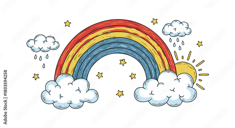 Naklejka premium Vibrant Hand Drawn Rainbow Arc Over Whimsical Clouds, Sparkling Stars, and Sunshine