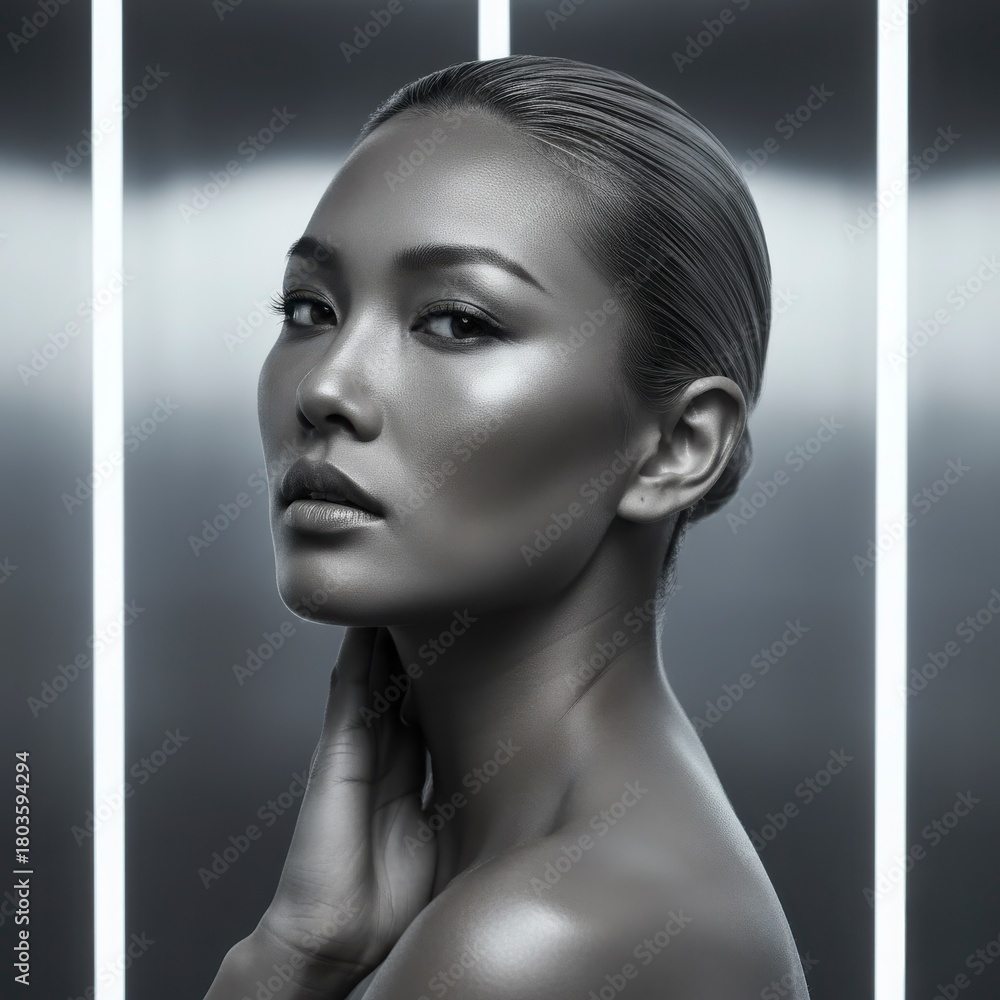 Fototapeta premium Striking Portrait of a Woman with Glitter Accents and Metallic Sheen in Studio Lighting