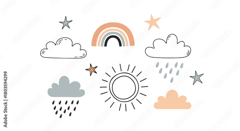 Obraz premium Charming Hand Drawn Weather Elements Set for Nursery and Kids Design Projects